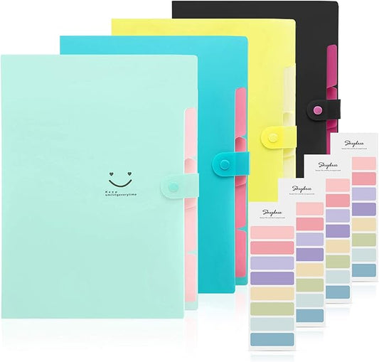 SKYDUE Expanding File Folder with 32 Labels, 5 Pockets A4 Letter Size Accordion Folder Paper Organizer for School and Office Pack of 4