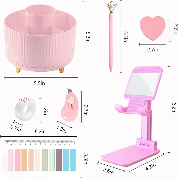 Office Supplies,Desk Accessories,with Stapler,Tape Dispenser,Staple Remover,Scissor,Ballpoint Pen,Sticky Notes,Clear Tape,Staples,Desk Organizer,Phone Stand,Binder,Index Tabs,Best gift set(Pink)