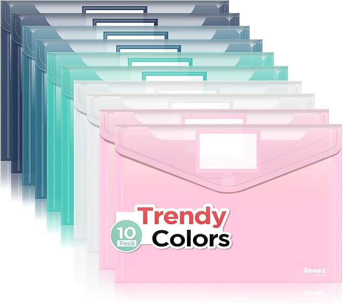 Sooez 10Pack Plastic Envelopes, Plastic File Folders, Clear Folders for Documents Trendy Colors, Super Heavyweight Document Holders, Storage Pouches, File Envelopes for School Office Supplies