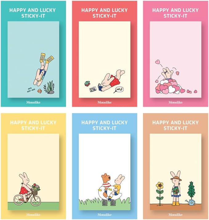 Monolike Happy and Lucky Sticky-it - 6p Set Self-Adhesive Memo Pad 50 Sheets