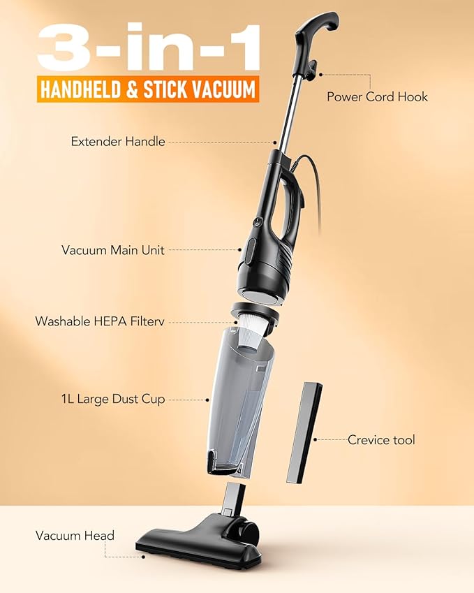 Avvnee Corded Stick Vacuum Cleaner – 15000Pa Strong Suction 600W Motor, Ultra-Light 3 lbs Design for Pet Hair, Hard Floors & Low-Pile Rugs | Includes Crevice Tool, 1L Dust Cup, 16.7ft Cord (Black)