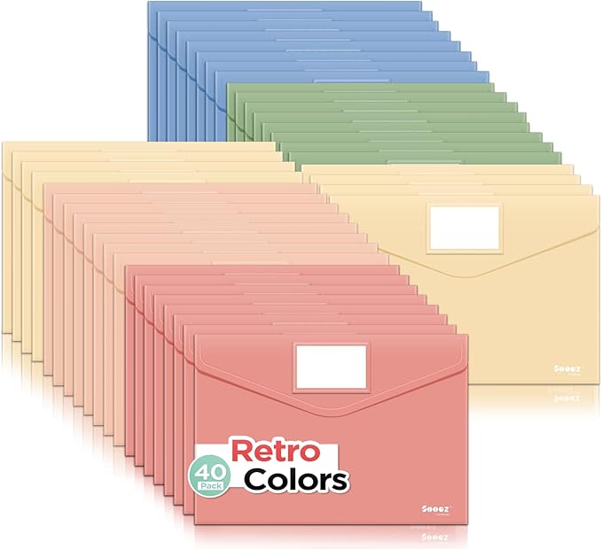 Sooez 40 Pack Plastic Envelopes, Plastic File Folder, Folders for Documents Retro Colors, Super Heavyweight Document Holder, Storage Pouches, File Envelopes for School Office Supplies
