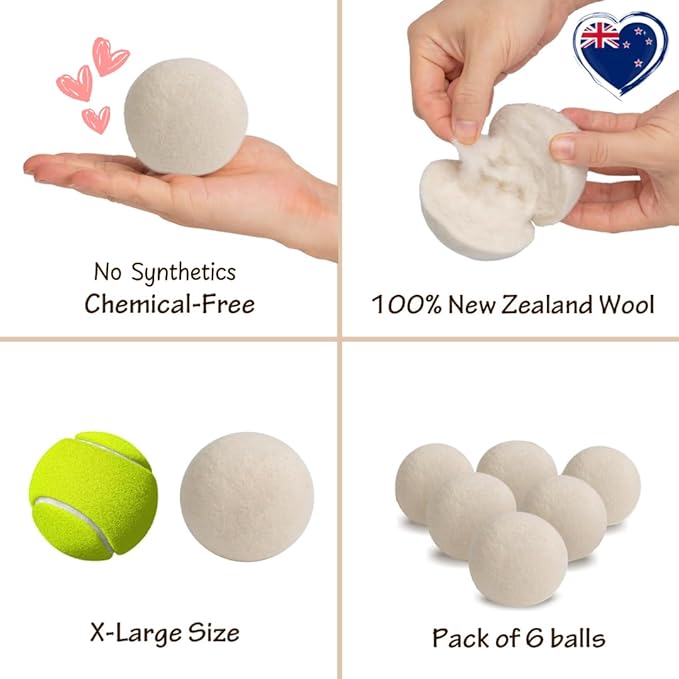 WoollyPals Dryer Balls (6-Pack, XL Size) - 100% New Zealand Wool - No More Dryer Sheets - Eco Dryer Balls - Reusable - Softens Laundry - Reduces Drying Time & Static - with Storage Bag (Plain White)