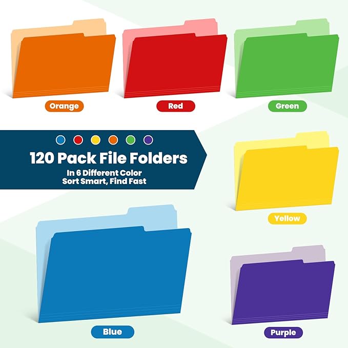 120 Pack Two-Tone Color File Folders, Bulk Letter Size Folders with 6 Assorted Colors, 1/3-Cut Tabs, School Office Supplies