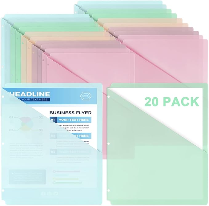 20 Pack Binder Pocket Letter Size Clear Plastic Document Folders File Folders Plastic 3 Hole Punch Binder Folders Binder Dividers with Pockets Binder Folders Side Loading 11x8.9 inch Assorted Colors