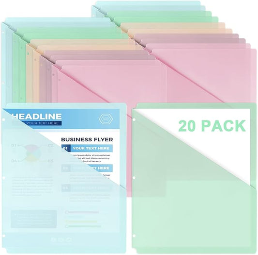20 Pack Binder Pocket Letter Size Clear Plastic Document Folders File Folders Plastic 3 Hole Punch Binder Folders Binder Dividers with Pockets Binder Folders Side Loading 11x8.9 inch Assorted Colors