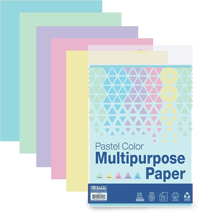 BAZIC Blank Paper Copy & Multipurpose Paper 8.5" x 11" – 25 Sheets Pastel Color Printer Paper for Inkjet, Laser, and Fax Machines – Printing Paper for Office, School, and Crafts, 24-Packs