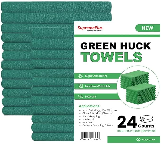 Premium Green Huck Towels – (24 Pack) 15 x 27 inches 100% Cotton Bulk Towel for General Cleaning, Auto Shop, and Hospital Use, Super Absorbent, Machine Washable Cloth