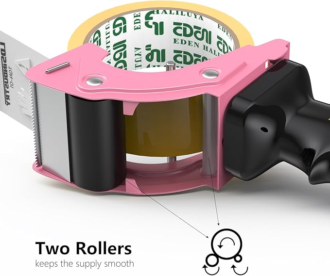 Rapid-Replace Packing Tape Dispenser Gun with Tape and Extra Blade, 2IN(50mm) Lightweight Ergonomic Industrial Handheld Heavy Duty Tape Cutter for Carton, Packaging and Box Sealing, Pink