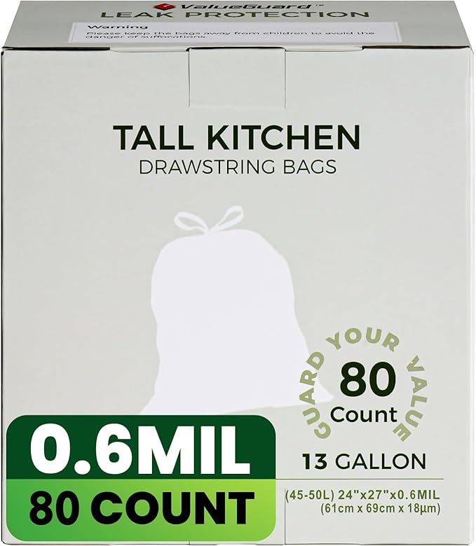 Large Trash Bag 13 Gallon Tall Drawstring 100% Post-Consumer Recycled Garbage Bag Waste Bag for Kitchen Office