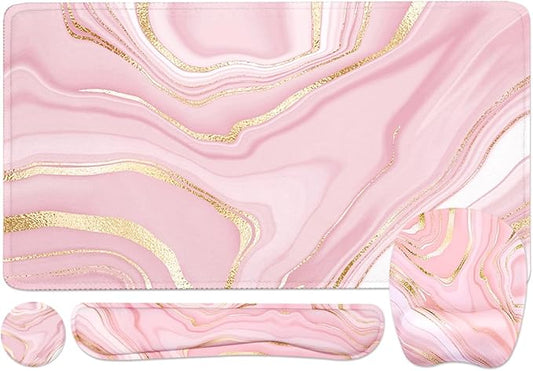 Keyboard Wrist Rest Large Mouse Pad Wrist Support for Computer, 4 in 1 Memory Foam Keyboard Pad Desk Mat Ergonomic Hand Rest Wrist Cushion for Home Office Gaming - Pink Marble
