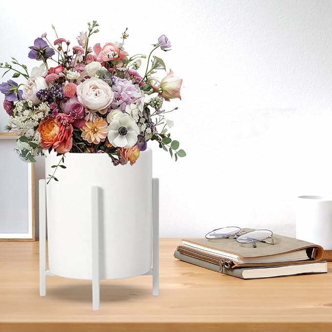 Ceramic Pen Holder for Desk, Durable Ceramic Pencil Cup Holder for Womens Girls, Makeup Cup for Brushes, with 4 Legs Metal Frame