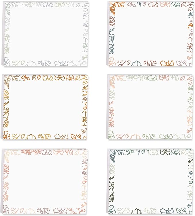 Decorative Floral Border Sticky Note Pad Set / 4" x 3" Botanical Sticky Notes / 50 Sheets Per Pad/Set of 6 Flowery Designs/Made in USA