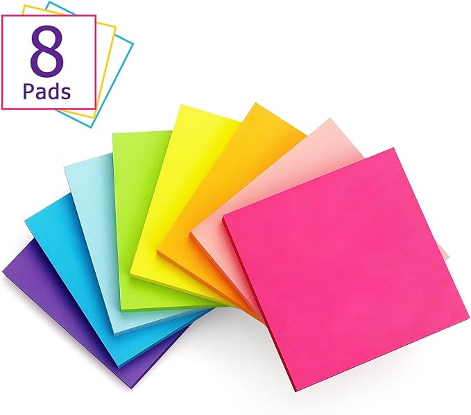 Eastern Wolf 8 Pads Sticky Notes 3x3 Self-Stick Notes 8 Bright Multi Colors Purple Sticky Notes, 85 Sheet/Pad