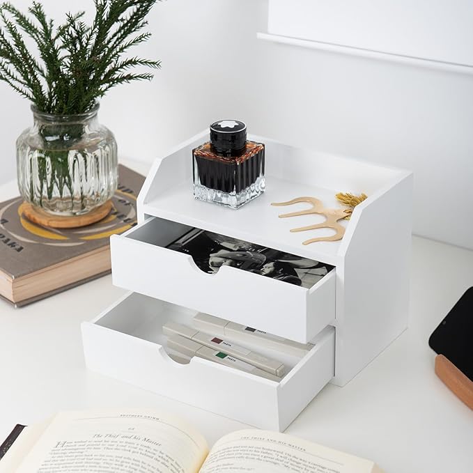ROSE BLOOM White Wood Desk Organizer with 2 Drawer, Mini Cute Cabinet with Storage Shelf for Tabletop, Small Desktop Box Organizer for Cosmetic Office Supplies