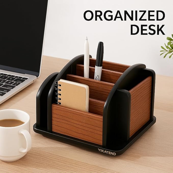Wooden Desk Organizer with 6 Compartments, Remote Control Holder, Office Storage Caddy, Black and Brown Desk Organizer for Office Supplies