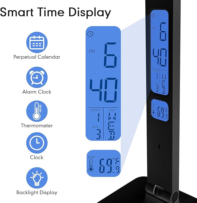 karidi Smart Desk Lamp with Digital Clock, 4-in-1 Charging Station (2 AC Outlets, Type-C, USB-A Ports), Temperature Display, 5 Color & Brightness Settings, Ideal for Offices & Bedrooms
