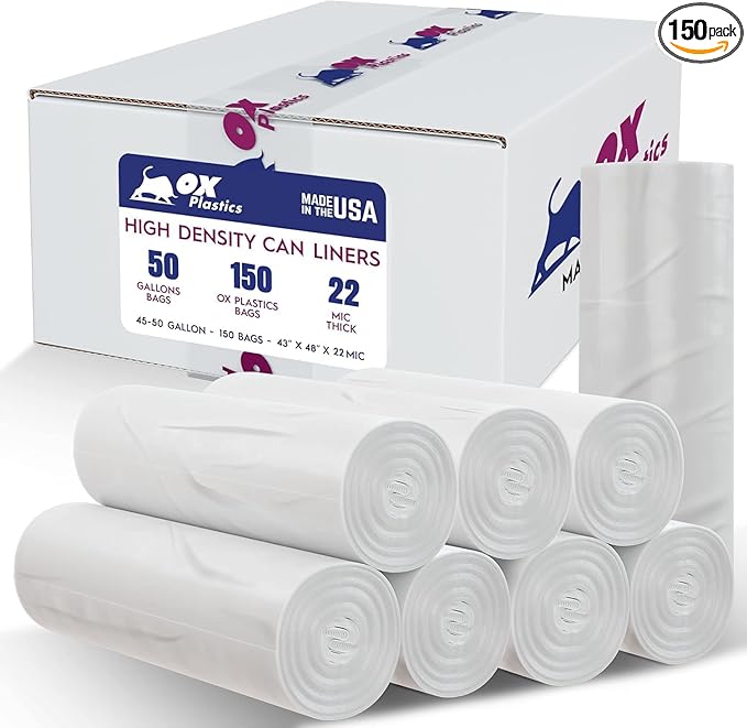 45-50 Gallon Trash Bags - (22 Microns) High Density 43"x48", 150 Count Unscented Trash Can Liners - Multipurpose Clear Garbage Bags for Bathroom, Kitchen or Office Wastebaskets Made in USA