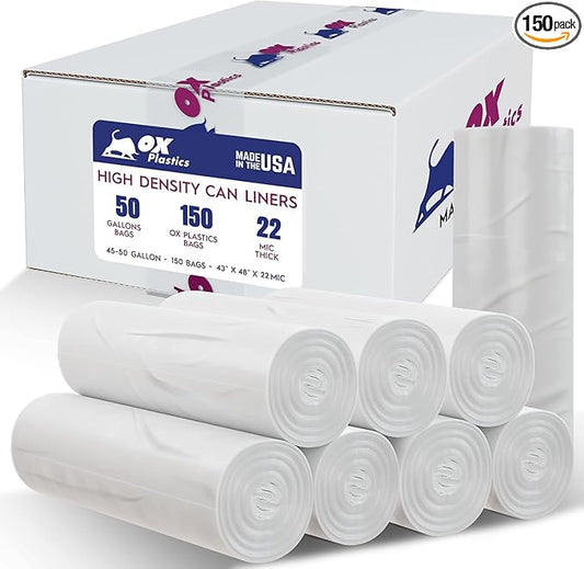 45-50 Gallon Trash Bags - (22 Microns) High Density 43"x48", 150 Count Unscented Trash Can Liners - Multipurpose Clear Garbage Bags for Bathroom, Kitchen or Office Wastebaskets Made in USA