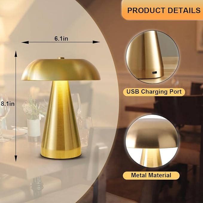 Portable LED Desk Lamp, Cordless Metal Table Lamp, 3-Color Touch Control Rechargeable Light, 3-Levels Brightness Room Decor, Bedside & Dining Room Light (Gold)