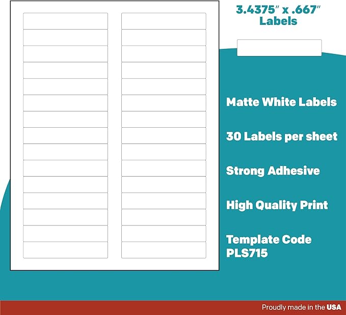 Premium Label Supply White File Folder Labels – 3.4375" x .667" – Laser/Inkjet Compatible – (30 per Sheet), 100 Sheets - 3000 Total Adhesive Stickers