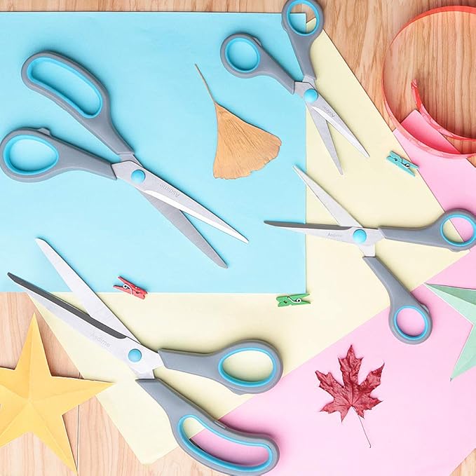 Scissors Set of 4, Premium Stainless Steel Razor Blades, Ergonomic Semi-Soft Rubber Grip, Suitable for School, Office and Family Daily Use, 9.6''/8.5''/6.4"/5.4", Blue&Gray