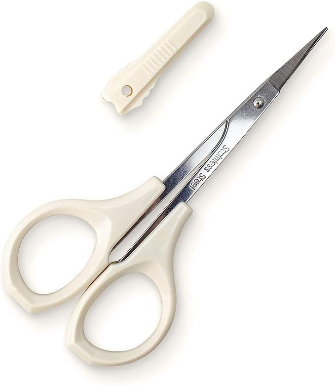 Eyebrow Scissors Self Care Tools Small Scissors for Facial, Nose, Eyebrow, Mustache, and Beard Hair Trimming & Grooming, Straight Edge, White Short Cap