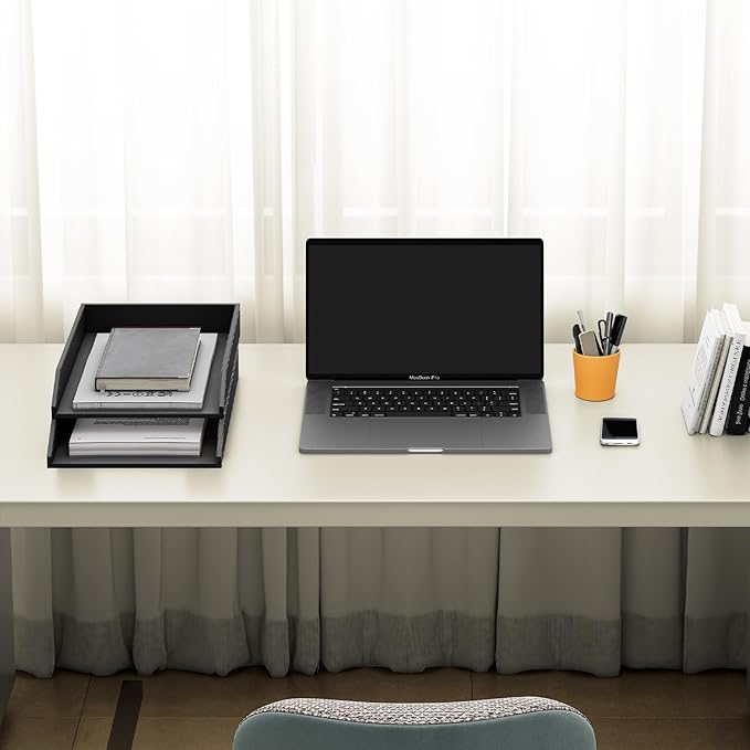 Leather Paper Organizer, 2-Tier Letter Size Tray, Office Desk Organizers and Accessories for Desktop, Office Supplies - Black, 2-Pack