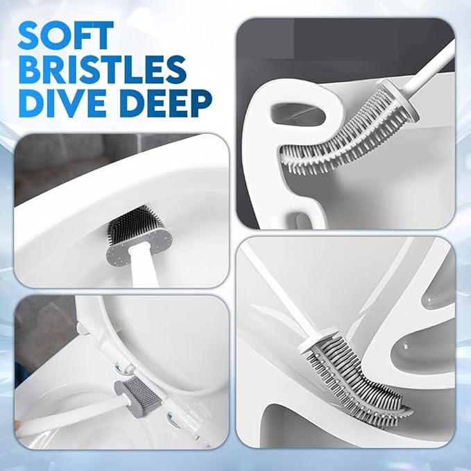 Silicone Toilet Brushes & Holders Set – Pack of 4 Wall Mounted Toilet Bowl Brushes White – Long Non-Slip Handle, Flexible Bristles for Easy Cleaning – Modern Toilet Scrubber Brush