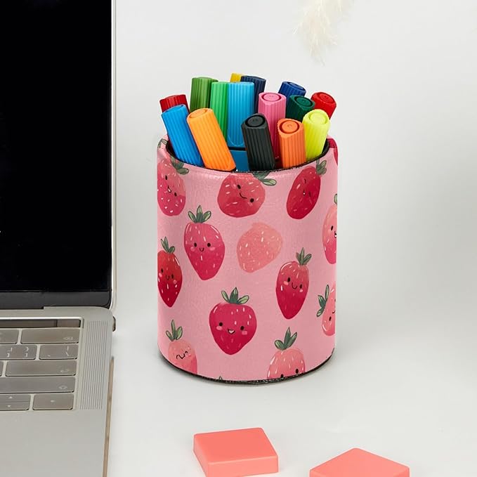 Leather Pen Holder for Desk Strawberry Cute Print Pencil Cup Desktop Organizer Makeup Brush Holders Office Supplies for Home, Kids & School