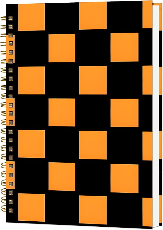 Spiral Notebook A5, Hardcover Journal for Women, 120 Pages Thick College Ruled Paper, Perfect for Office, School, or Home Use(Black and Orange Checkered)