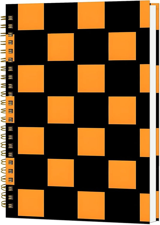Spiral Notebook A5, Hardcover Journal for Women, 120 Pages Thick College Ruled Paper, Perfect for Office, School, or Home Use(Black and Orange Checkered)