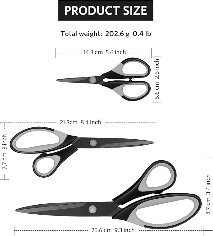 Scissors, Sharp Titanium Coating Blades, Soft Grip Handle, Multi-Purpose Scissors Set of 3 Suitable for Families, Office, and School Use, Black Grey