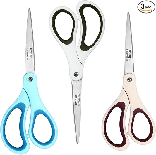 LIVINGO Scissors All Purpose - Titanium Coated Heavy Duty Sharp Stainless Steel Comfortable Shears for Office Home School Cutting Paper Fabric, Sky Blue & Pink & White, 3 Pieces