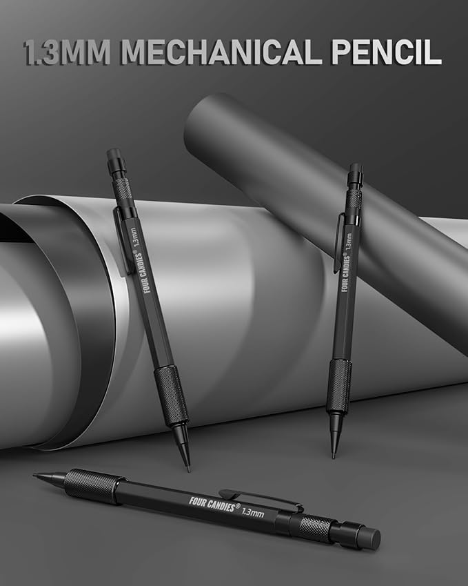 Four Candies 1.3mm Mechanical Pencil Set with 72 Lead Refill, 3PCS Metal Weatherproof Body Heavy Duty Carpenter Pencil, 3 Eraser, 16 Eraser Refill, for Outdoor Woodworking Drafting Marking with Case