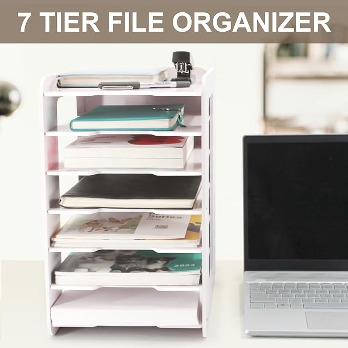 SONGWAY Paper Storage Organizer for Desk - 7 Tier Paper Sorter Organizer, Letter Mail Tray, File Folder Holder Rack, White Desk File Organizer for Home Office