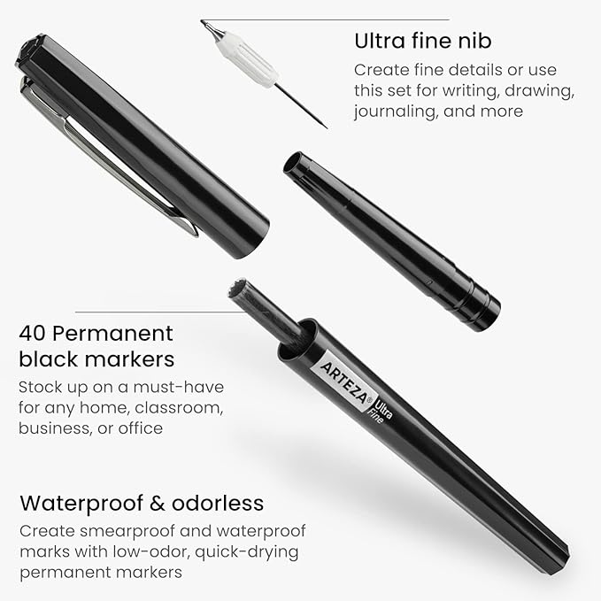 ARTEZA Permanent Markers, 40 Black Pens, Ultra-Fine Tip Paint Pens, Quick-Drying, Water Resistant, for Calligraphy and Note Taking, Office, Classroom