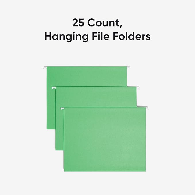 Smead Standard Hanging File Folders, 25 Count, Green, 1/5-Cut Adjustable Tabs, Letter Size (64061)
