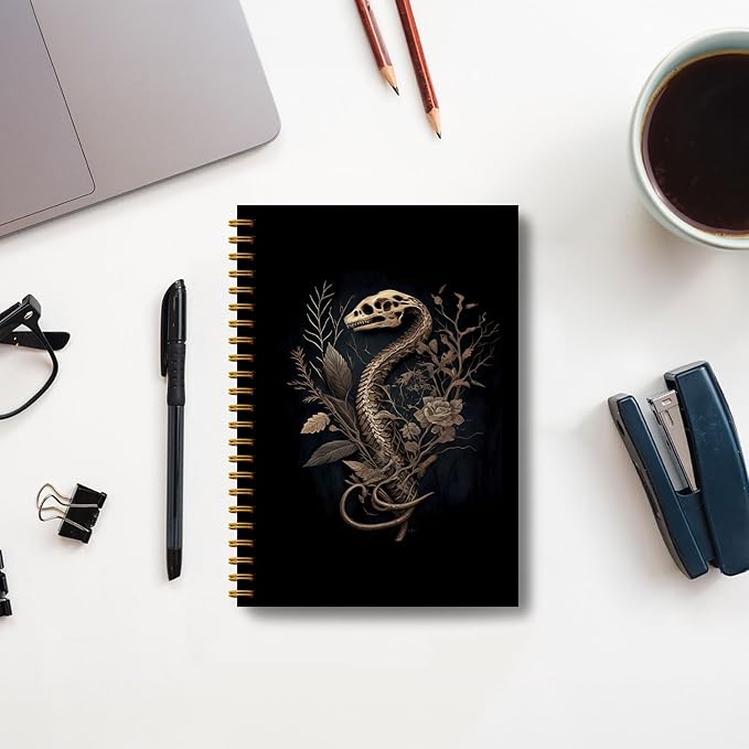 Snake Skull Spiral Journal Notebook - Goth Golden Snake Head Skeleton Notebook 5.5×8.3, Snake Gifts Spiral Notebook Journal with 164 Pages, Punk Dark Witchy Gifts