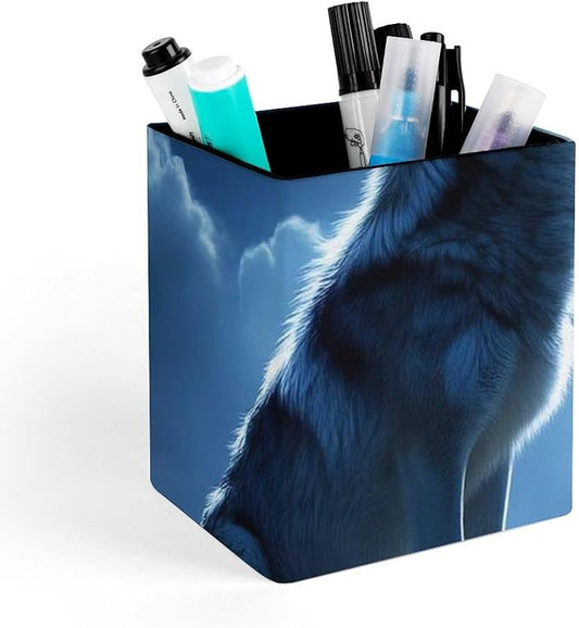 Pen Holder Stand For Desk, Pencil Pen Holder Cup, Desktop Stationery Organizer, Waterproof Multifunctional Office Supplies Wolves Howling Full Moon