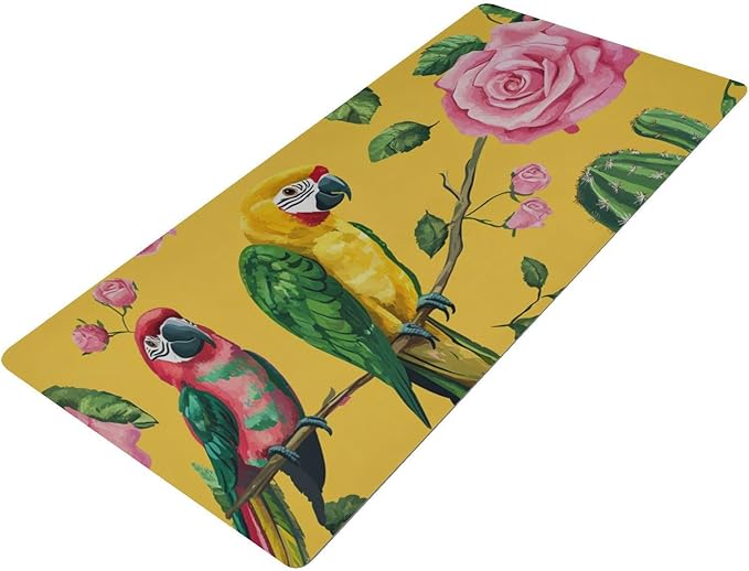Mouse Pad Desk Mat Leather Desk Pad Large Gaming Desk Cover Protector Mat for Keyboard Computer Laptop Office Waterproof 35.4 x 16.5 Inch Yellow Cactus Parrots and Roses