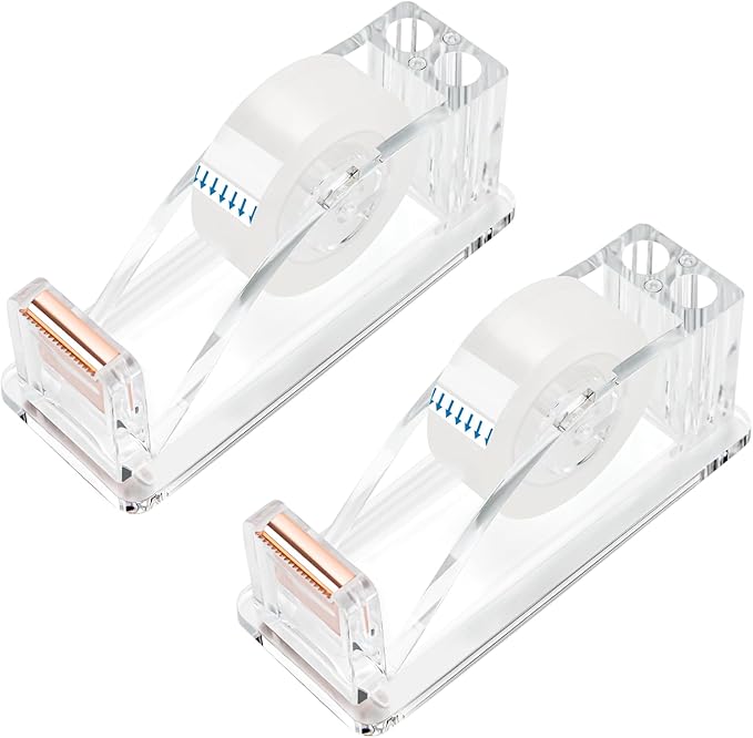 2 Pcs Transparent Acrylic Tape Dispenser, Non-Skid Tape Cutter Holder, Clear Tape Dispensers Bulk for Desk, Office, Home, School