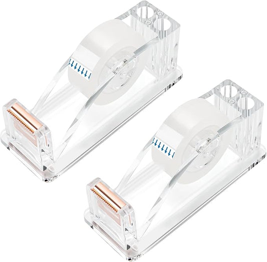 2 Pcs Transparent Acrylic Tape Dispenser, Non-Skid Tape Cutter Holder, Clear Tape Dispensers Bulk for Desk, Office, Home, School