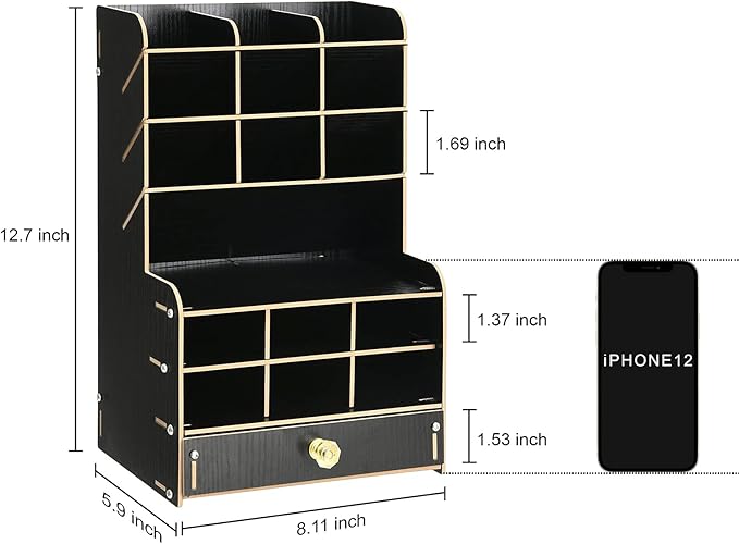 Marbrasse Wooden Desk Organizer, Multi-Functional Pen Holder, Desktop Stationary Organizer, Storage Rack for School Home Office Art Supplies (B16-Black)