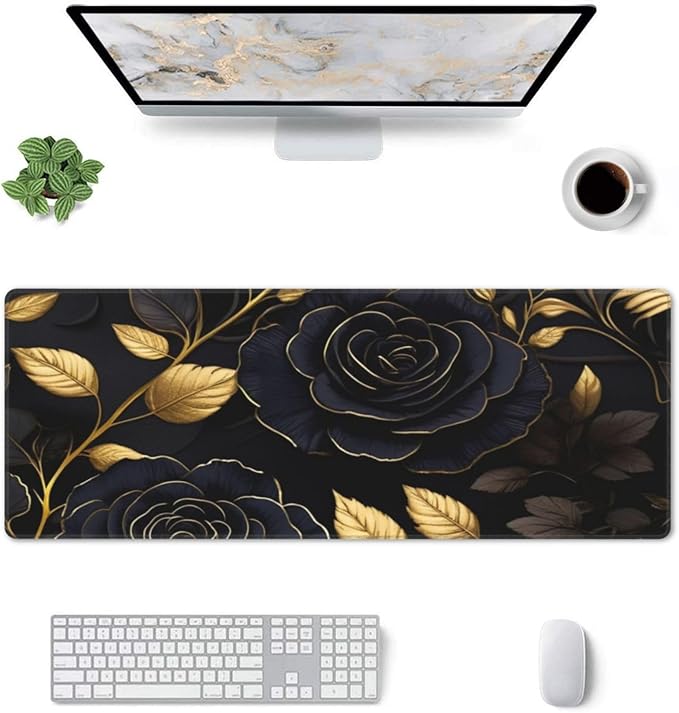 Gaming Mouse Pad, Large Non-Slip Rubber Base Mousepad, Keyboard Mouse Mat, Desk Pad with Stitched Edges, 31.5x11.8inch, Black Flower