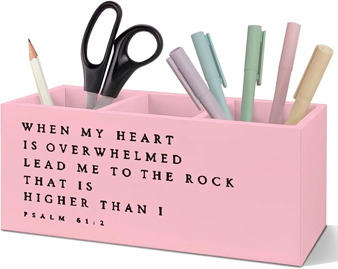 SNNDER Inspirational Christian Pen Holder for Desk, Christian Religious Gifts for Women Men, Psalm 61:2 Bible Verses Wooden Pen Pencil Holder Organizer for Home Office Desk Accessories(PINK)
