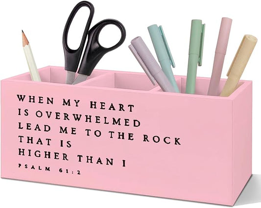 SNNDER Inspirational Christian Pen Holder for Desk, Christian Religious Gifts for Women Men, Psalm 61:2 Bible Verses Wooden Pen Pencil Holder Organizer for Home Office Desk Accessories(PINK)