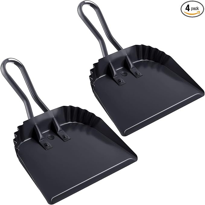 Mumufy 4 Pack 12 inch Heavy Duty Metal Dustpan Large Wide Dust Pans for Household Handheld Wide Scooper and Debris Cleaning Tool Ideal for Home and Commercial Use(Black)