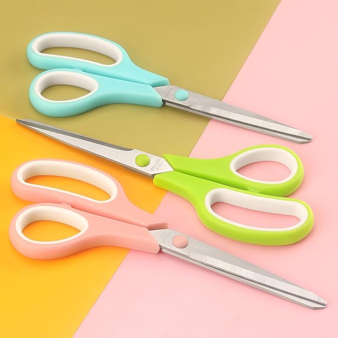 Scissors 8.5 Inch scissors all purpose Bulk Set of 3, Scissors for Office Home School Craft Supplies, Soft Comfort-Grip Right/Left Hand, Viridian, Vivid Green, Pink