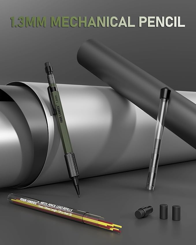 Four Candies 1.3mm Mechanical Pencil Set with 24 Lead Refills, Metal Weatherproof Heavy Duty Outdoor Carpenter Pencil, Eraser, 6 Eraser Refills for Architect Drafting Woodworking Marking with Case